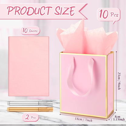 10 Pack Paper Gift Bags with Handle Tissue Paper Thank You 5 Senses Gift Bag for Birthday Wedding Baby Shower Groomsmen Bridal Anniversary Party Favor 9 x 7 x 3.15''(Pink, Gold)