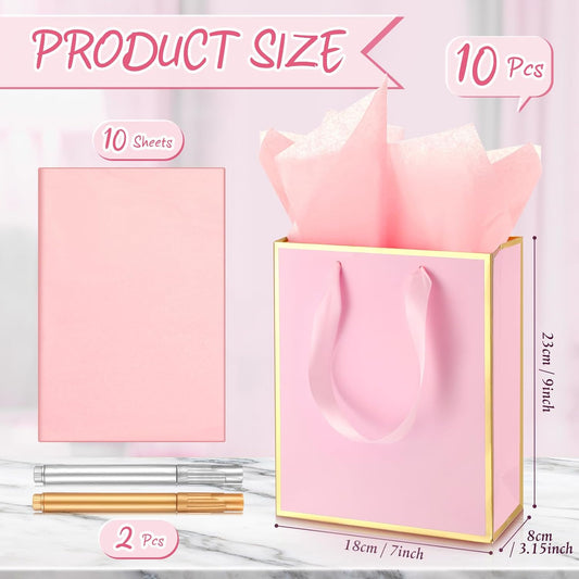 10 Pack Paper Gift Bags with Handle Tissue Paper Thank You 5 Senses Gift Bag for Birthday Wedding Baby Shower Groomsmen Bridal Anniversary Party Favor 9 x 7 x 3.15''(Pink, Gold)