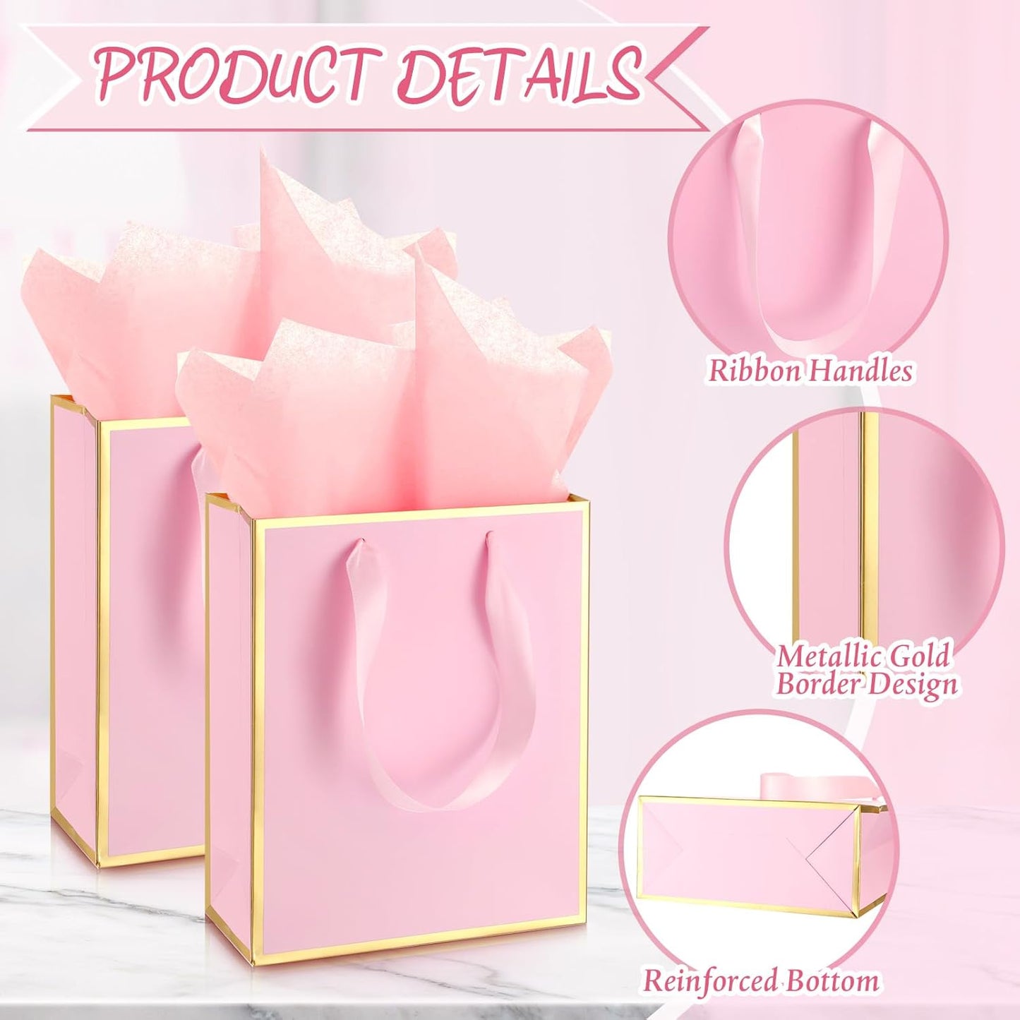 10 Pack Paper Gift Bags with Handle Tissue Paper Thank You 5 Senses Gift Bag for Birthday Wedding Baby Shower Groomsmen Bridal Anniversary Party Favor 9 x 7 x 3.15''(Pink, Gold)