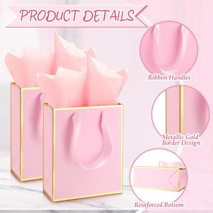 10 Pack Paper Gift Bags with Handle Tissue Paper Thank You 5 Senses Gift Bag for Birthday Wedding Baby Shower Groomsmen Bridal Anniversary Party Favor 9 x 7 x 3.15''(Pink, Gold)