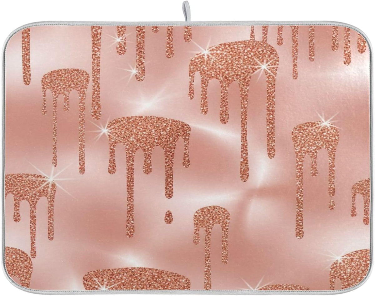 Rose Gold Pink Dishes Drying Mats Cute Quick-dry Print Countertop Heat Pad Kitchen Counter Dishes Mats, 18" x 24"