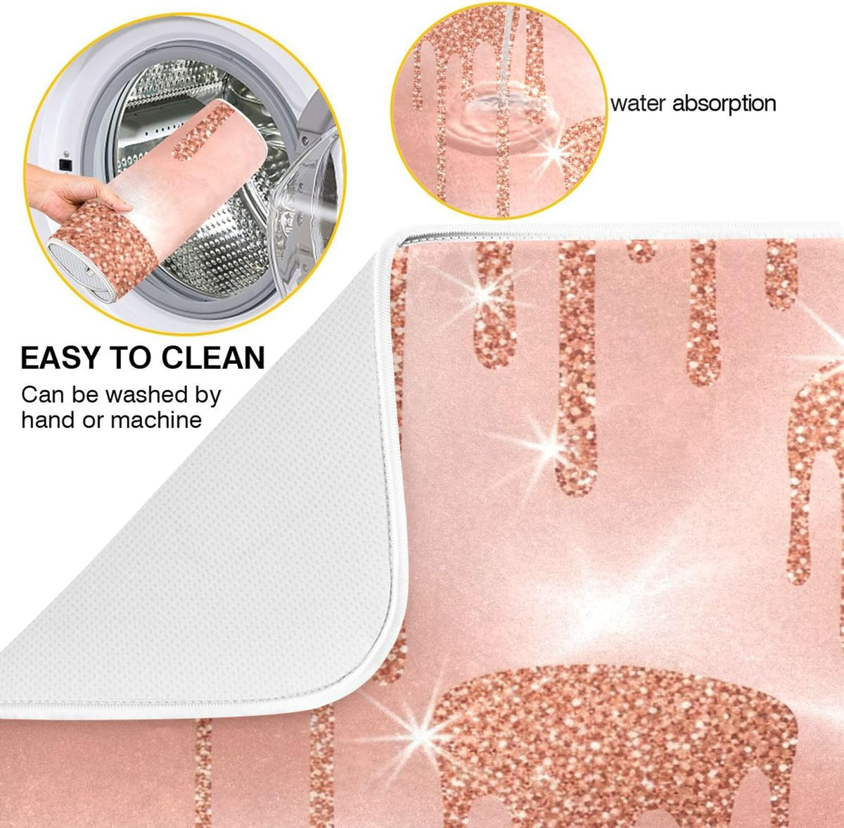 Rose Gold Pink Dishes Drying Mats Cute Quick-dry Print Countertop Heat Pad Kitchen Counter Dishes Mats, 18" x 24"