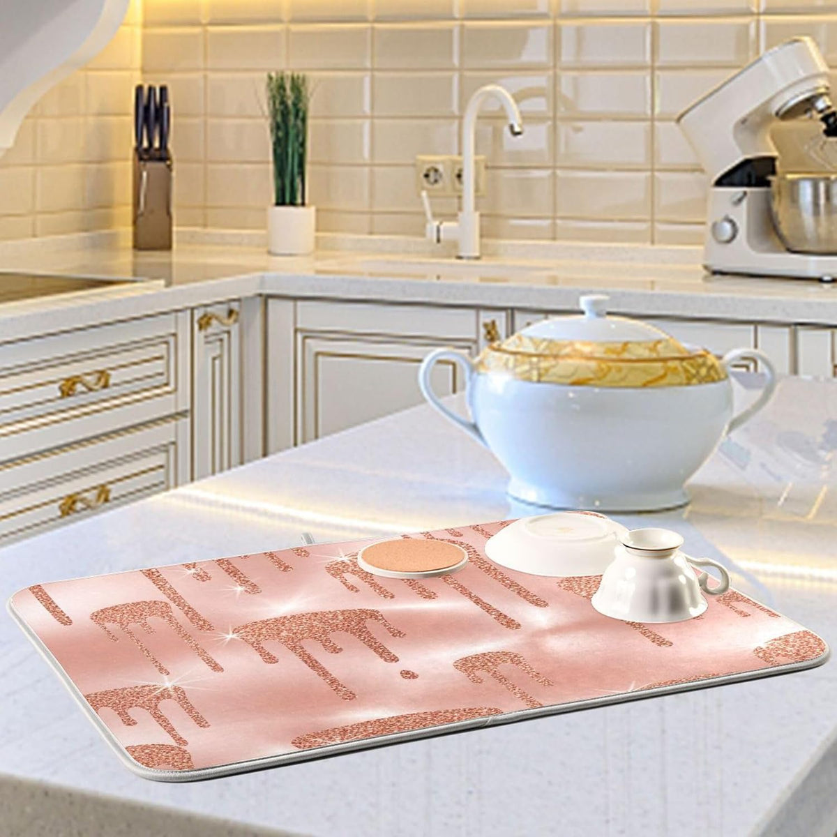 Rose Gold Pink Dishes Drying Mats Cute Quick-dry Print Countertop Heat Pad Kitchen Counter Dishes Mats, 18" x 24"