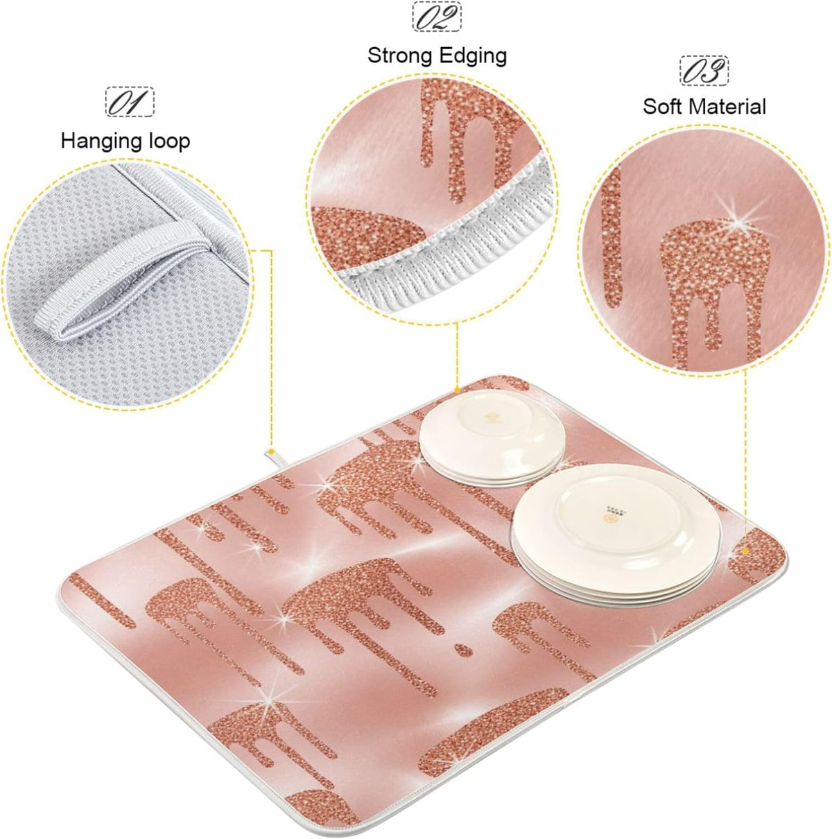 Rose Gold Pink Dishes Drying Mats Cute Quick-dry Print Countertop Heat Pad Kitchen Counter Dishes Mats, 18" x 24"