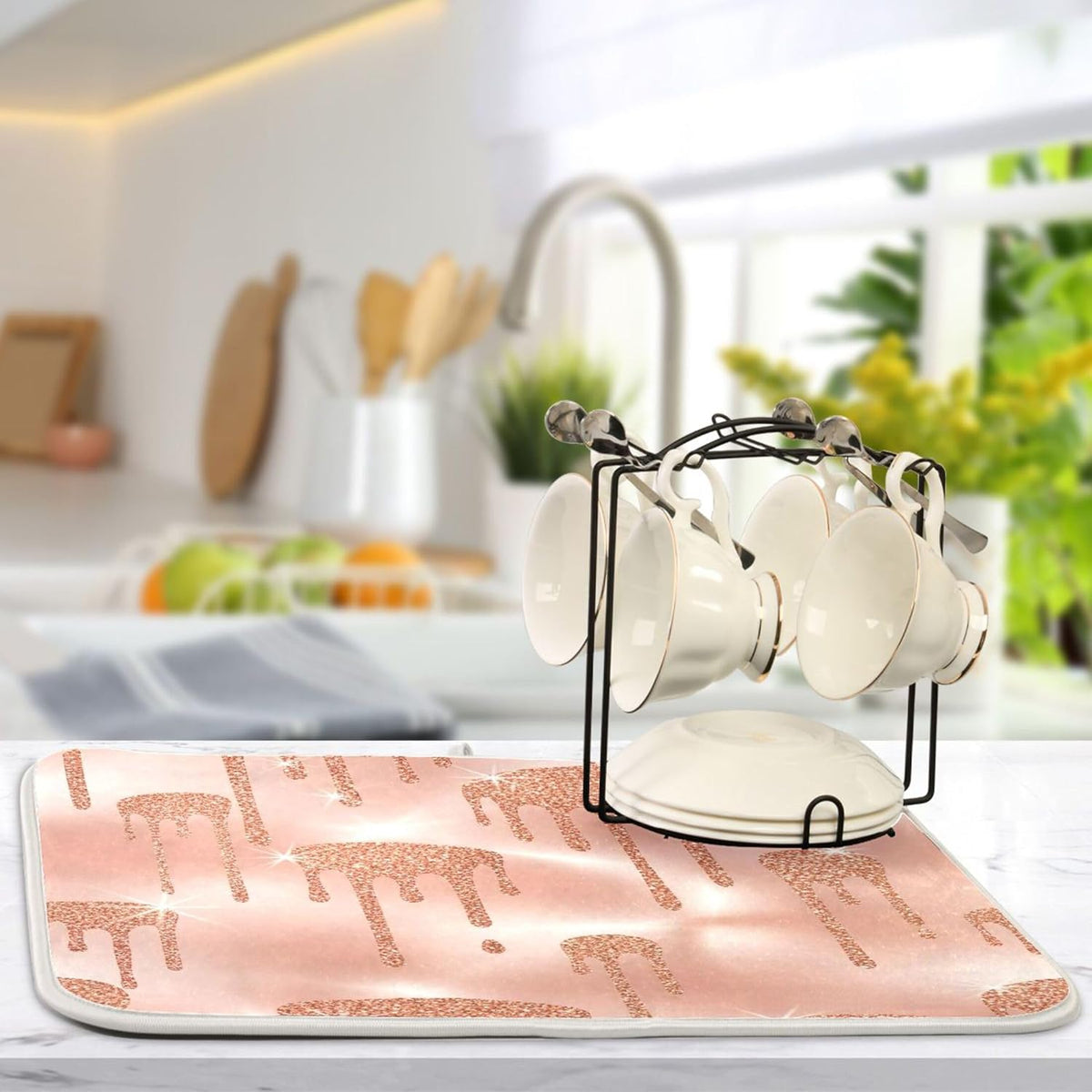 Rose Gold Pink Dishes Drying Mats Cute Quick-dry Print Countertop Heat Pad Kitchen Counter Dishes Mats, 18" x 24"