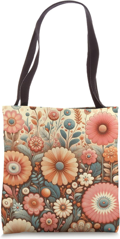Retro Flowers Meadow Floral Groovy 70s Peach Pink Tote Bag