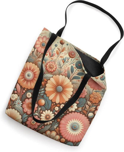 Retro Flowers Meadow Floral Groovy 70s Peach Pink Tote Bag