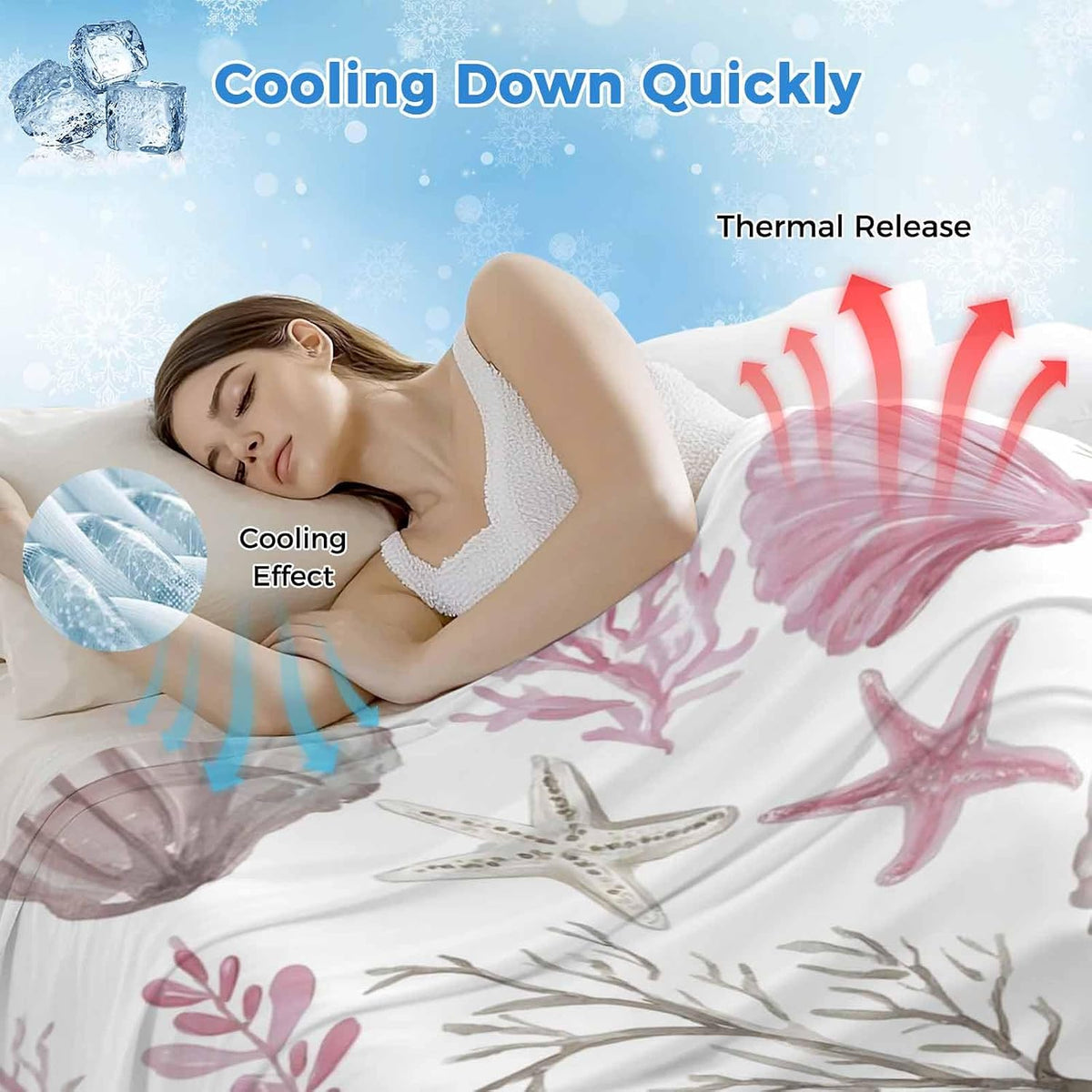 Cooling Blanket for Hot Sleepers, Pink Coastal Lightweight Breathable Summer Blanket, Beach Nautical Starfish Coral Seashells Double-Side Cool Throw Blankets for Sleeping Travel, 30"x40"