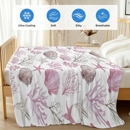 Cooling Blanket for Hot Sleepers, Pink Coastal Lightweight Breathable Summer Blanket, Beach Nautical Starfish Coral Seashells Double-Side Cool Throw Blankets for Sleeping Travel, 30"x40"