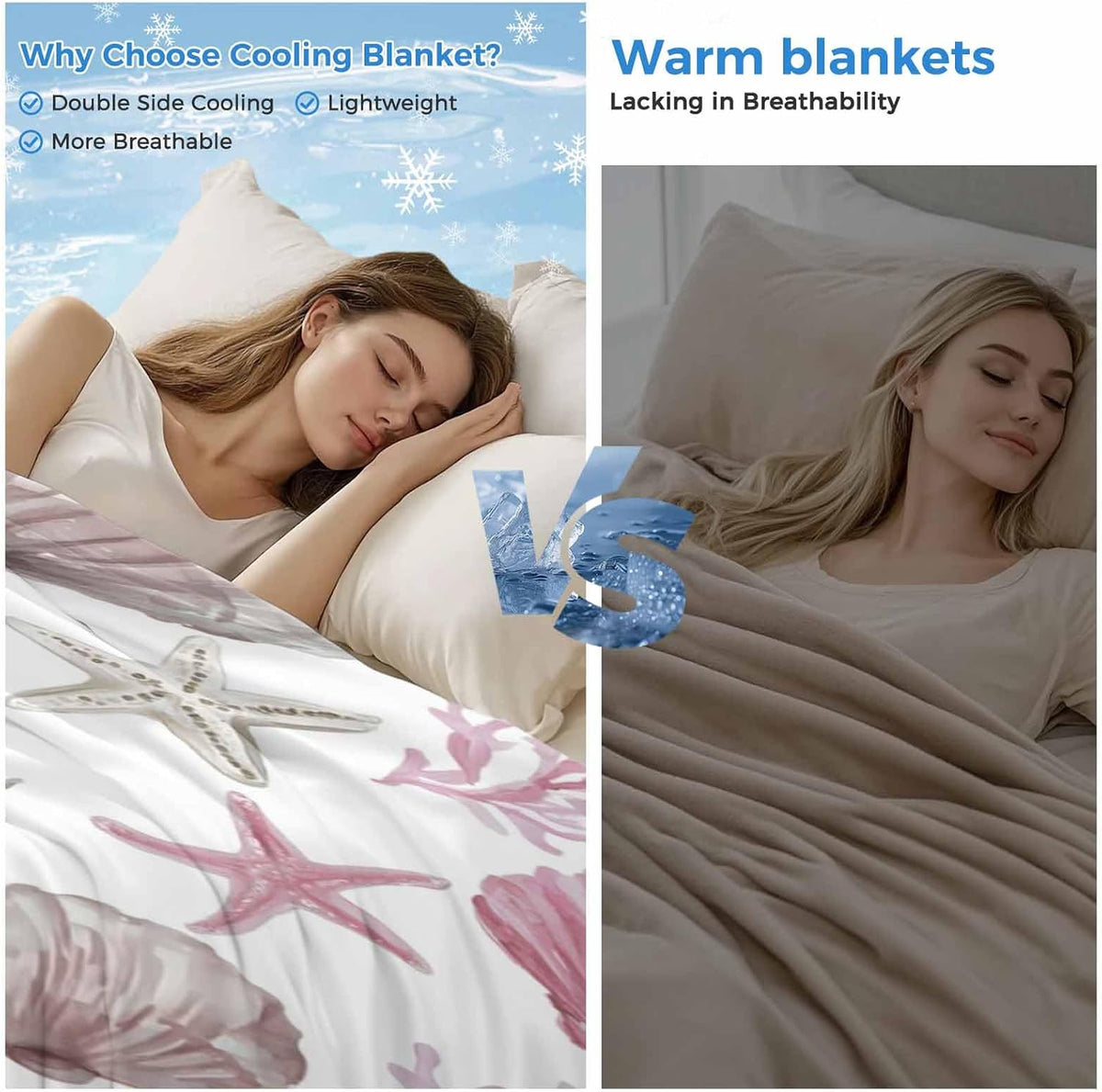 Cooling Blanket for Hot Sleepers, Pink Coastal Lightweight Breathable Summer Blanket, Beach Nautical Starfish Coral Seashells Double-Side Cool Throw Blankets for Sleeping Travel, 30"x40"