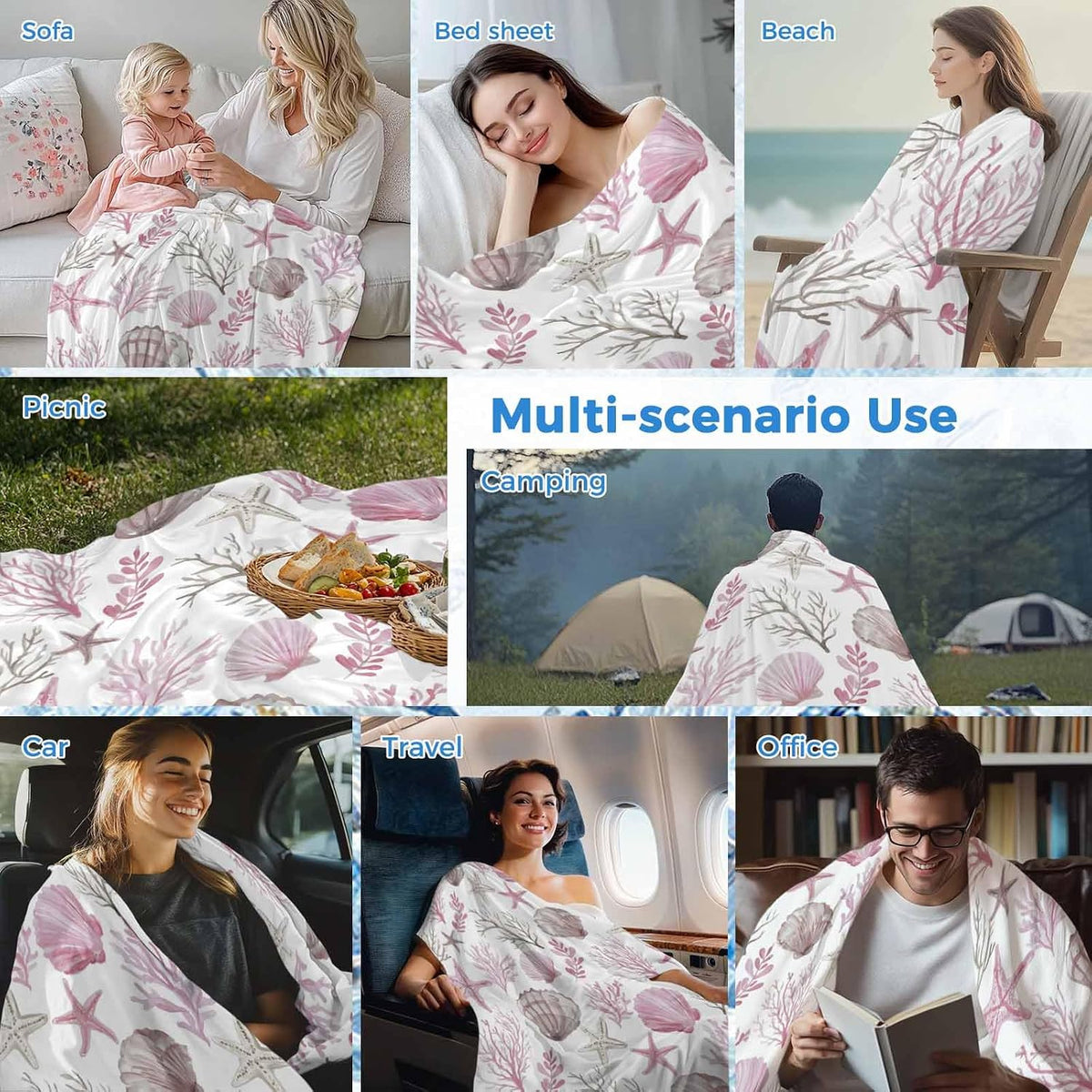 Cooling Blanket for Hot Sleepers, Pink Coastal Lightweight Breathable Summer Blanket, Beach Nautical Starfish Coral Seashells Double-Side Cool Throw Blankets for Sleeping Travel, 30"x40"
