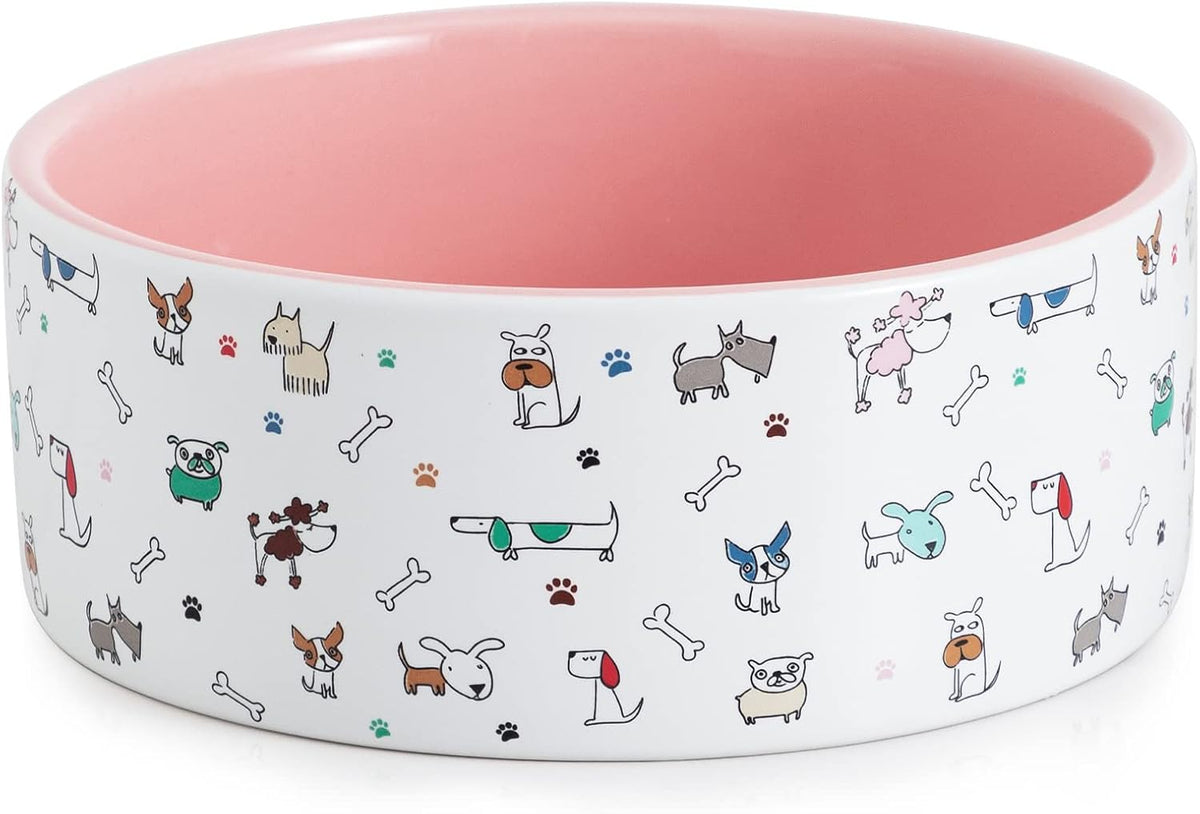 Fun Elements Ceramic Dog Bowls, Large Sized 64 Fl Oz Heavy Food and Water Bowl for Medium Dogs with Adorable Patterns (Large, Pink)