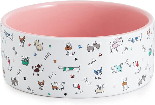 Fun Elements Ceramic Dog Bowls, Large Sized 64 Fl Oz Heavy Food and Water Bowl for Medium Dogs with Adorable Patterns (Large, Pink)