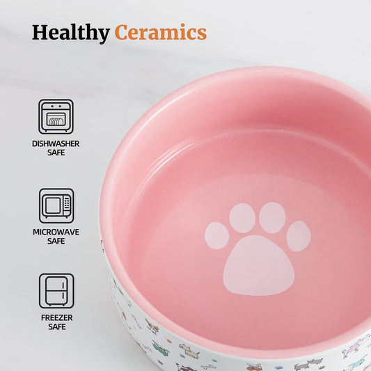 Fun Elements Ceramic Dog Bowls, Large Sized 64 Fl Oz Heavy Food and Water Bowl for Medium Dogs with Adorable Patterns (Large, Pink)