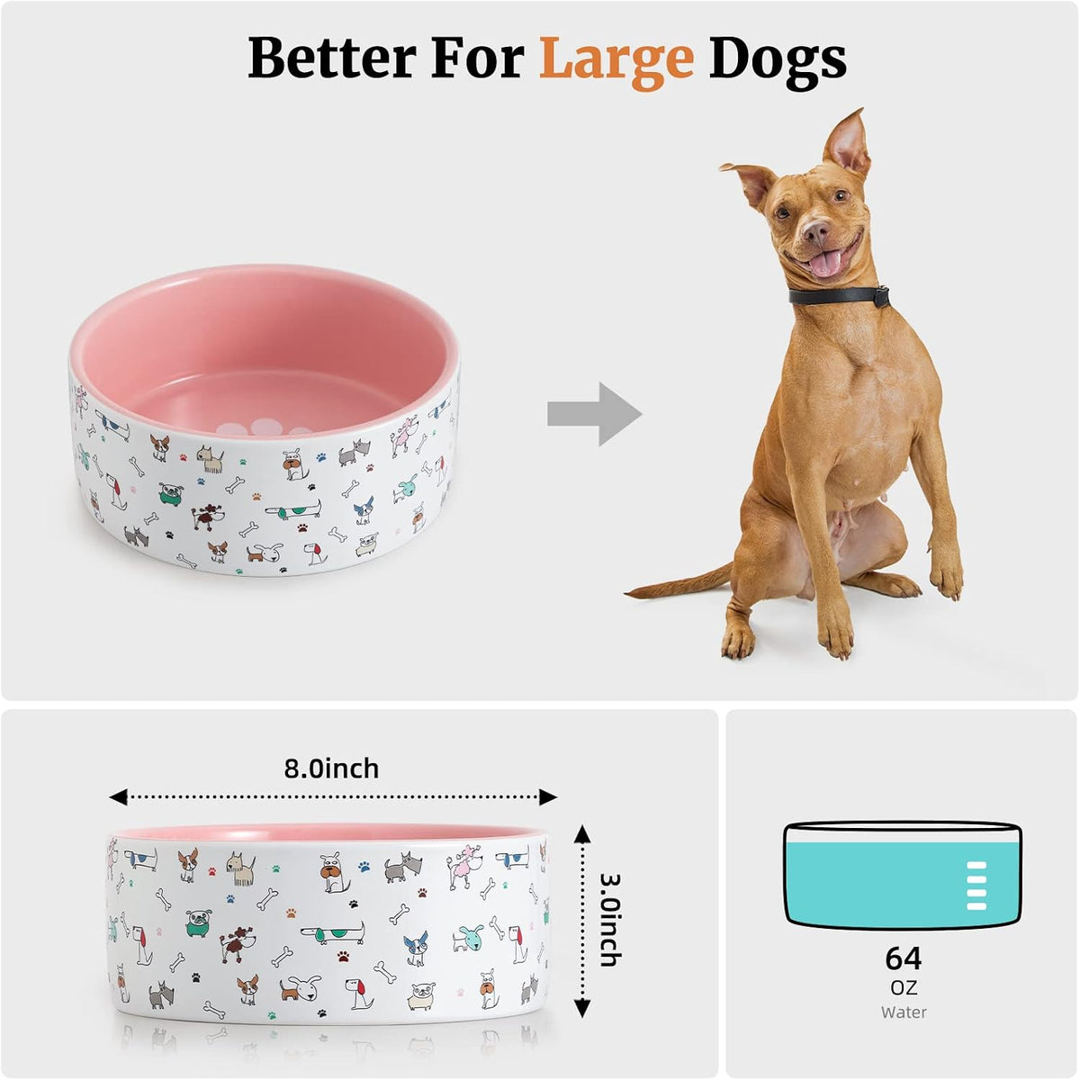 Fun Elements Ceramic Dog Bowls, Large Sized 64 Fl Oz Heavy Food and Water Bowl for Medium Dogs with Adorable Patterns (Large, Pink)