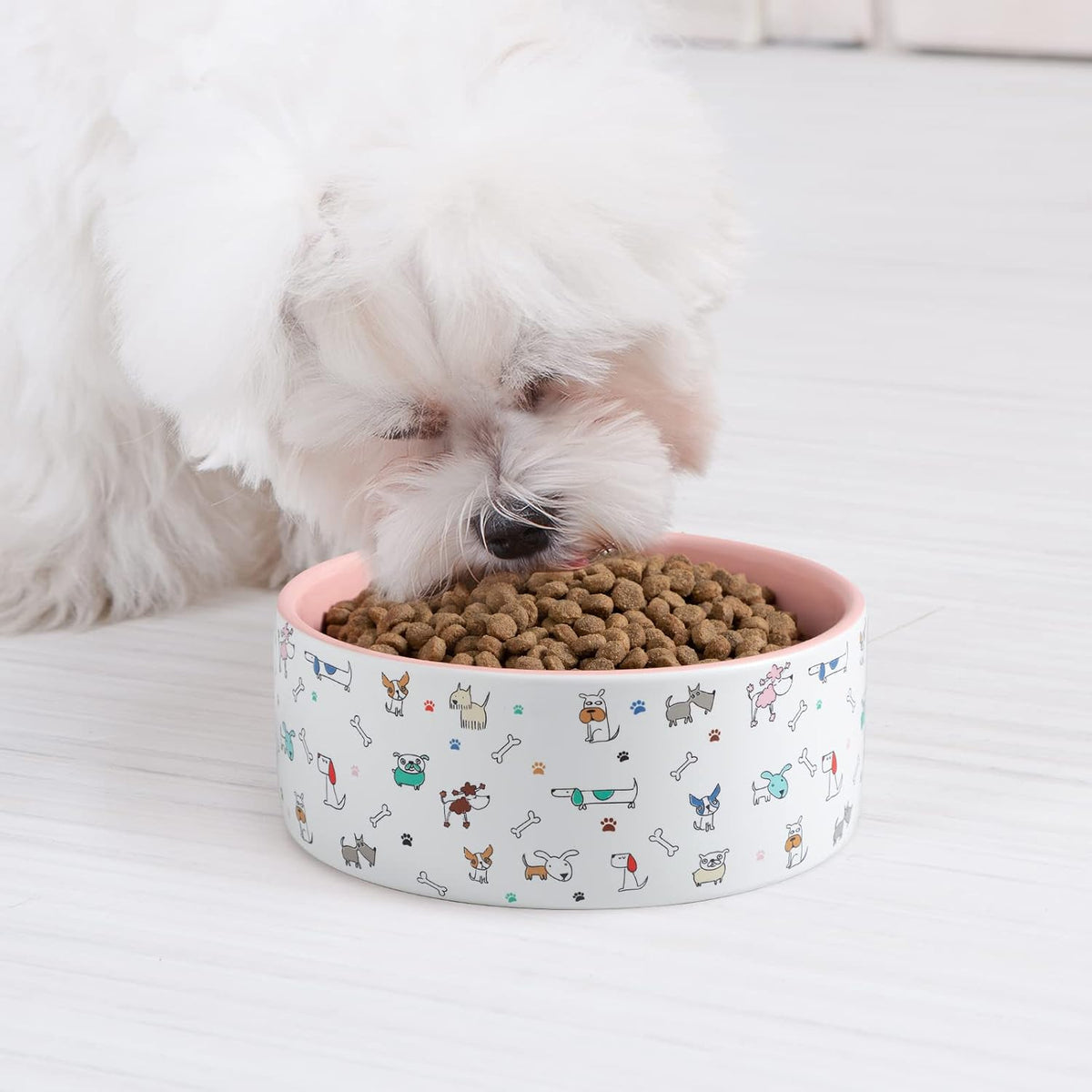 Fun Elements Ceramic Dog Bowls, Large Sized 64 Fl Oz Heavy Food and Water Bowl for Medium Dogs with Adorable Patterns (Large, Pink)