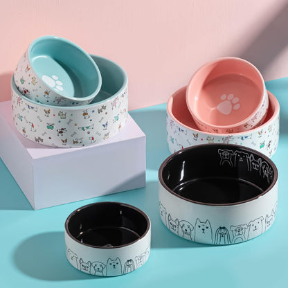 Fun Elements Ceramic Dog Bowls, Large Sized 64 Fl Oz Heavy Food and Water Bowl for Medium Dogs with Adorable Patterns (Large, Pink)