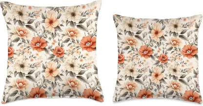 Pretty Vintage Flowers Peach Gray Cream Floral Pattern Throw Pillow
