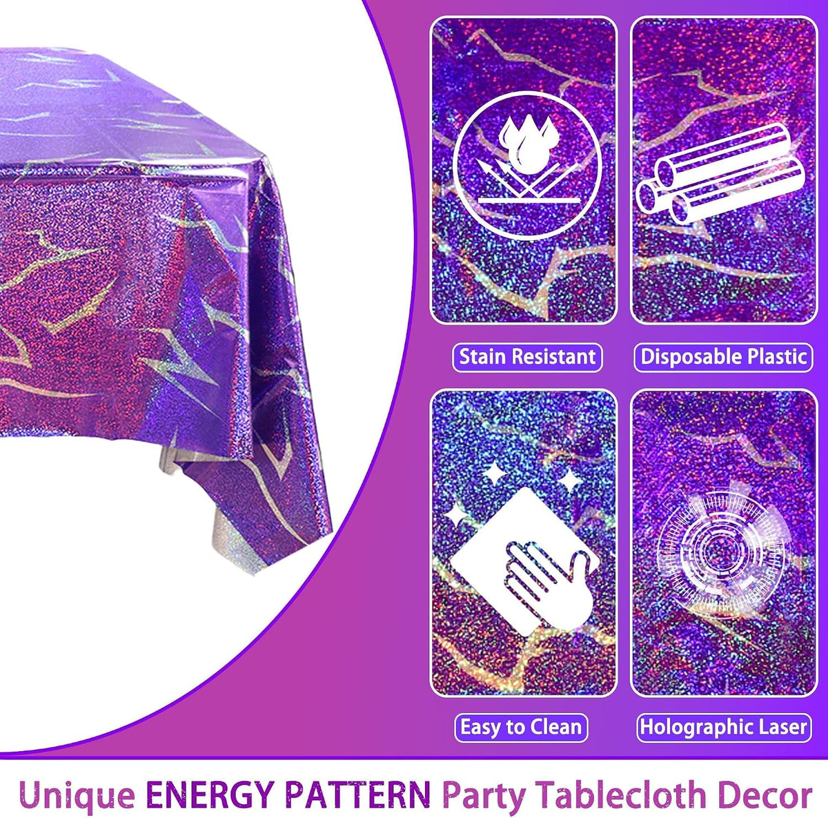 Demon Hunters Birthday Party Tablecloth Decorations, 3 Pink Purple Demon Energy Pattern Grad 108×54in Tablecover Sparkling Holographic Laser Korean Idol Movie Decor for Kids’Party Birthday Baby Shower