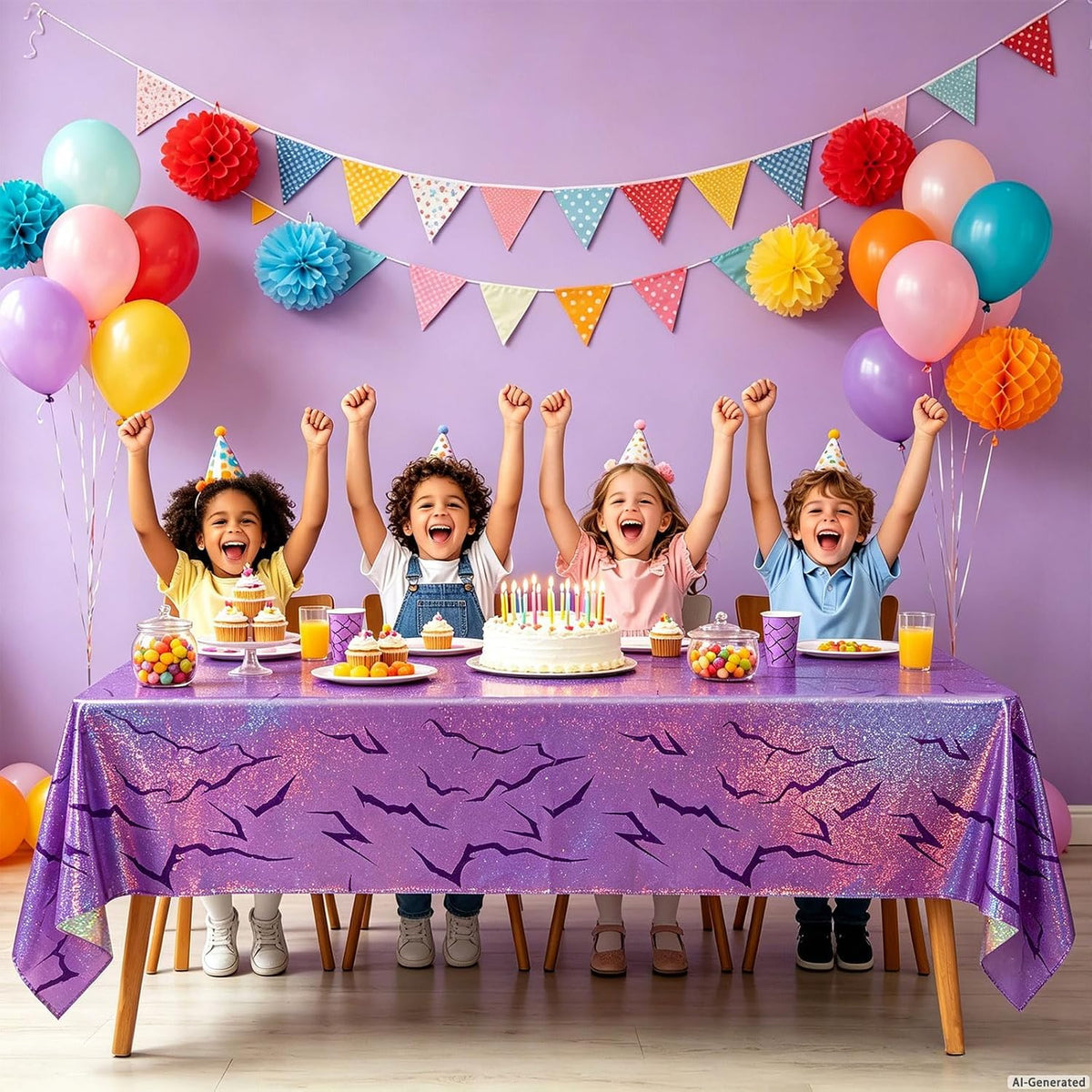 Demon Hunters Birthday Party Tablecloth Decorations, 3 Pink Purple Demon Energy Pattern Grad 108×54in Tablecover Sparkling Holographic Laser Korean Idol Movie Decor for Kids’Party Birthday Baby Shower