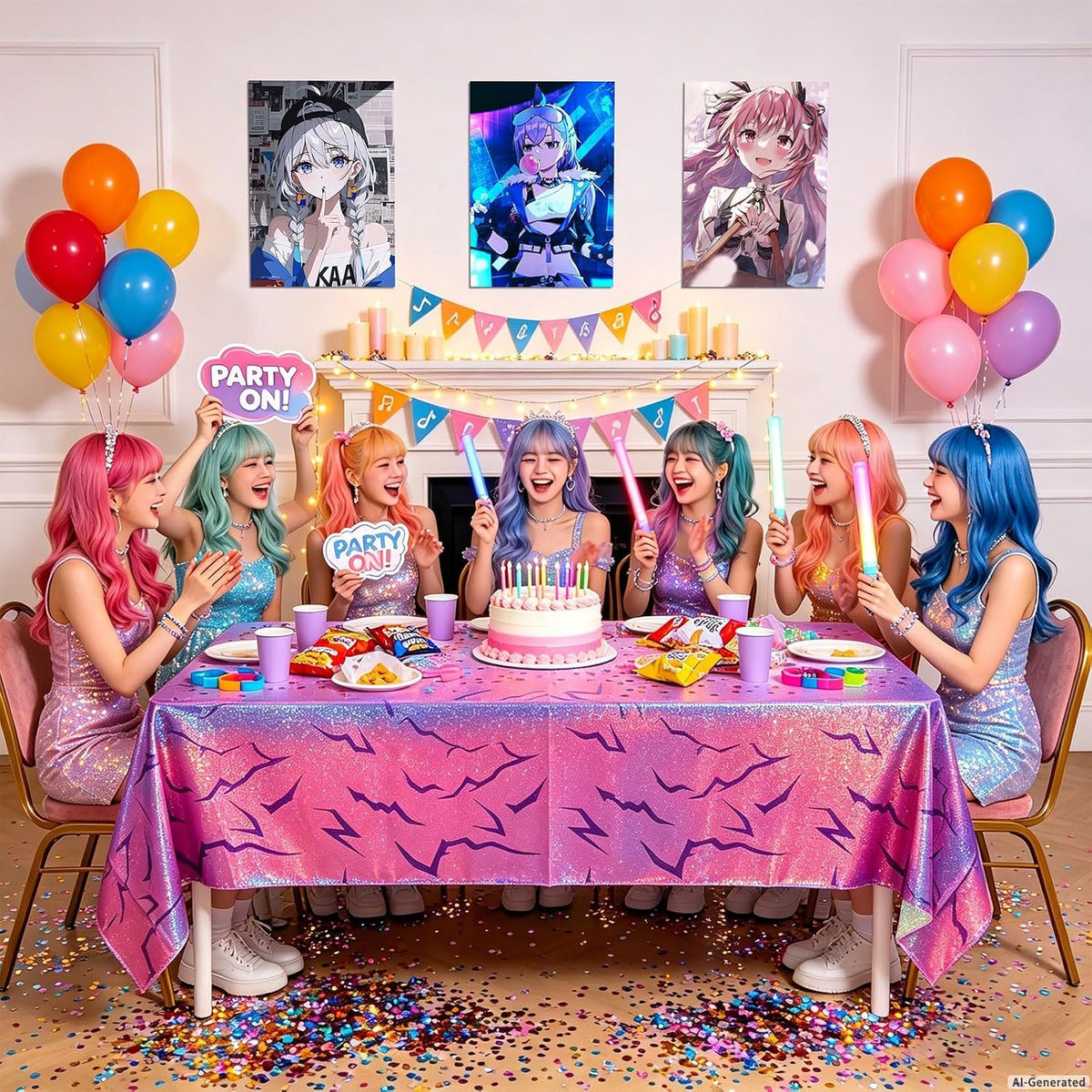 Demon Hunters Birthday Party Tablecloth Decorations, 3 Pink Purple Demon Energy Pattern Grad 108×54in Tablecover Sparkling Holographic Laser Korean Idol Movie Decor for Kids’Party Birthday Baby Shower