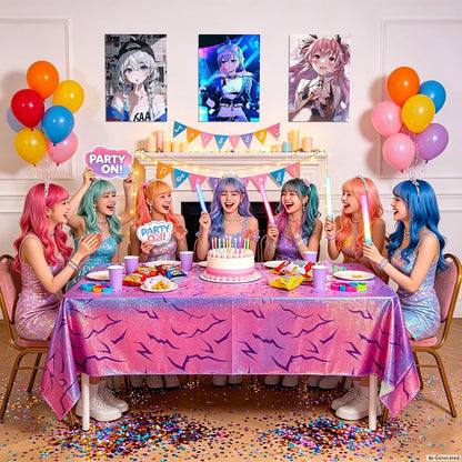 Demon Hunters Birthday Party Tablecloth Decorations, 3 Pink Purple Demon Energy Pattern Grad 108×54in Tablecover Sparkling Holographic Laser Korean Idol Movie Decor for Kids’Party Birthday Baby Shower