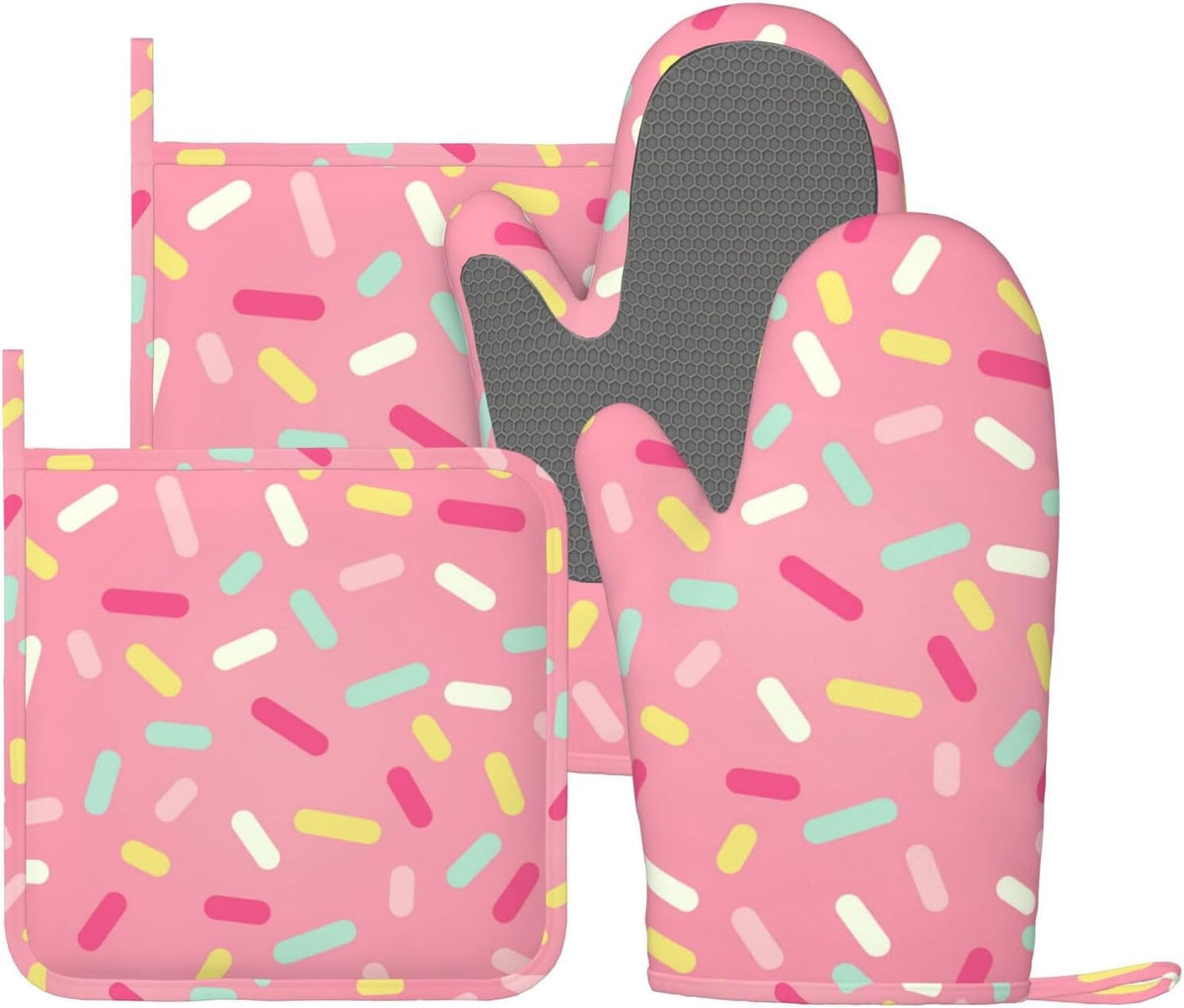 Pink Desserts Donut Sprinkles Kawaii Oven Mitts and Pot Holders Sets of 4, Heat Resistant Silicone Oven Mittens and Potholders Gloves Hot Pads for Kitchen Cooking Baking Grilling BBQ Chef