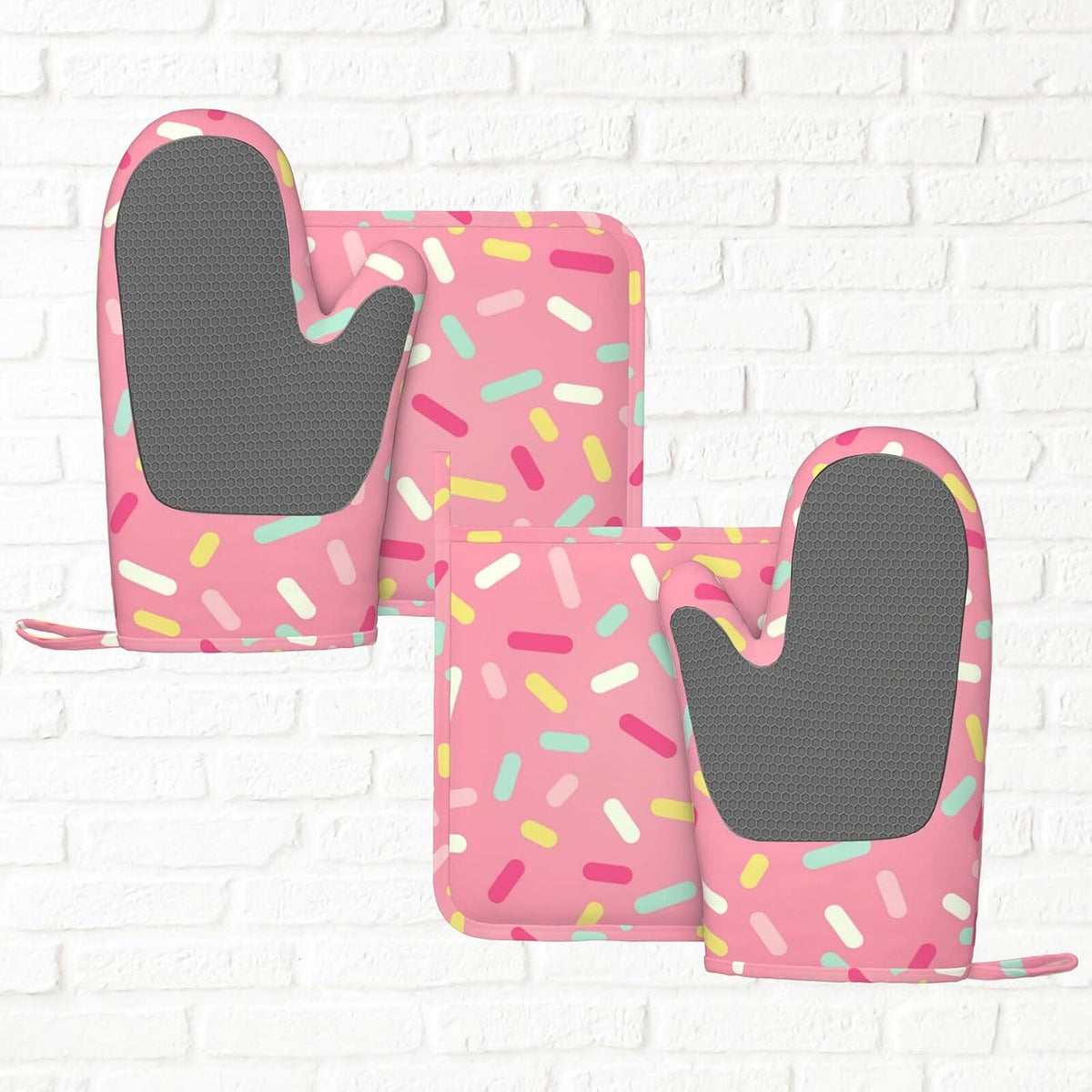 Pink Desserts Donut Sprinkles Kawaii Oven Mitts and Pot Holders Sets of 4, Heat Resistant Silicone Oven Mittens and Potholders Gloves Hot Pads for Kitchen Cooking Baking Grilling BBQ Chef