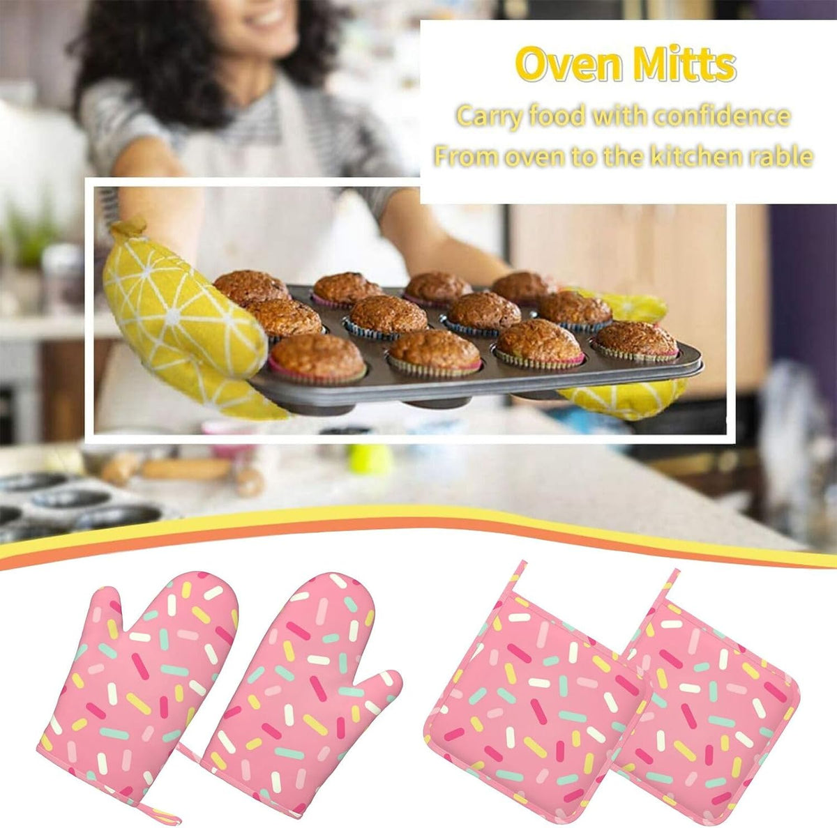 Pink Desserts Donut Sprinkles Kawaii Oven Mitts and Pot Holders Sets of 4, Heat Resistant Silicone Oven Mittens and Potholders Gloves Hot Pads for Kitchen Cooking Baking Grilling BBQ Chef