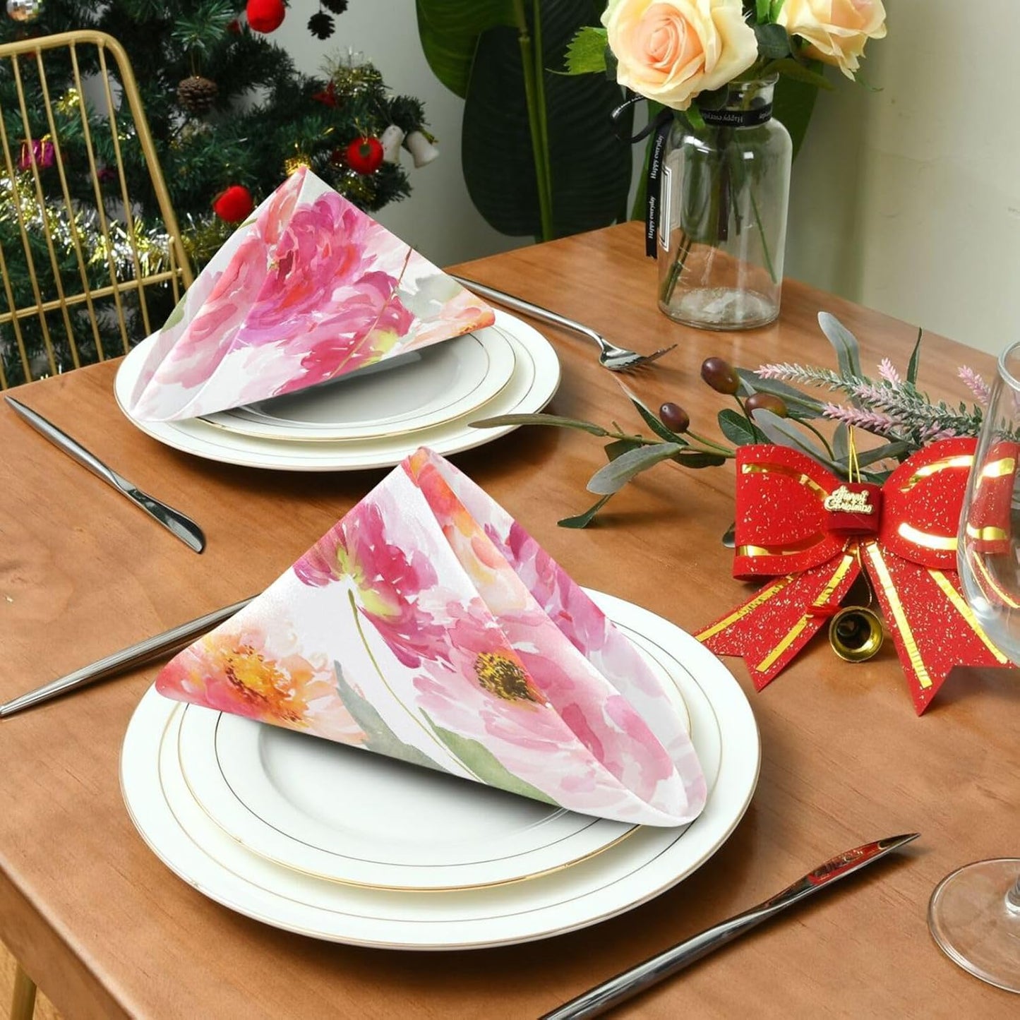 Pink Floral Cloth Napkins 20 X 20 Inch, Table Dinner Washable Napkins Set Polyester for Party Dinner Decoration,Set of 6