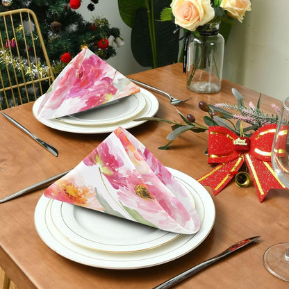 Pink Floral Cloth Napkins 20 X 20 Inch, Table Dinner Washable Napkins Set Polyester for Party Dinner Decoration,Set of 6