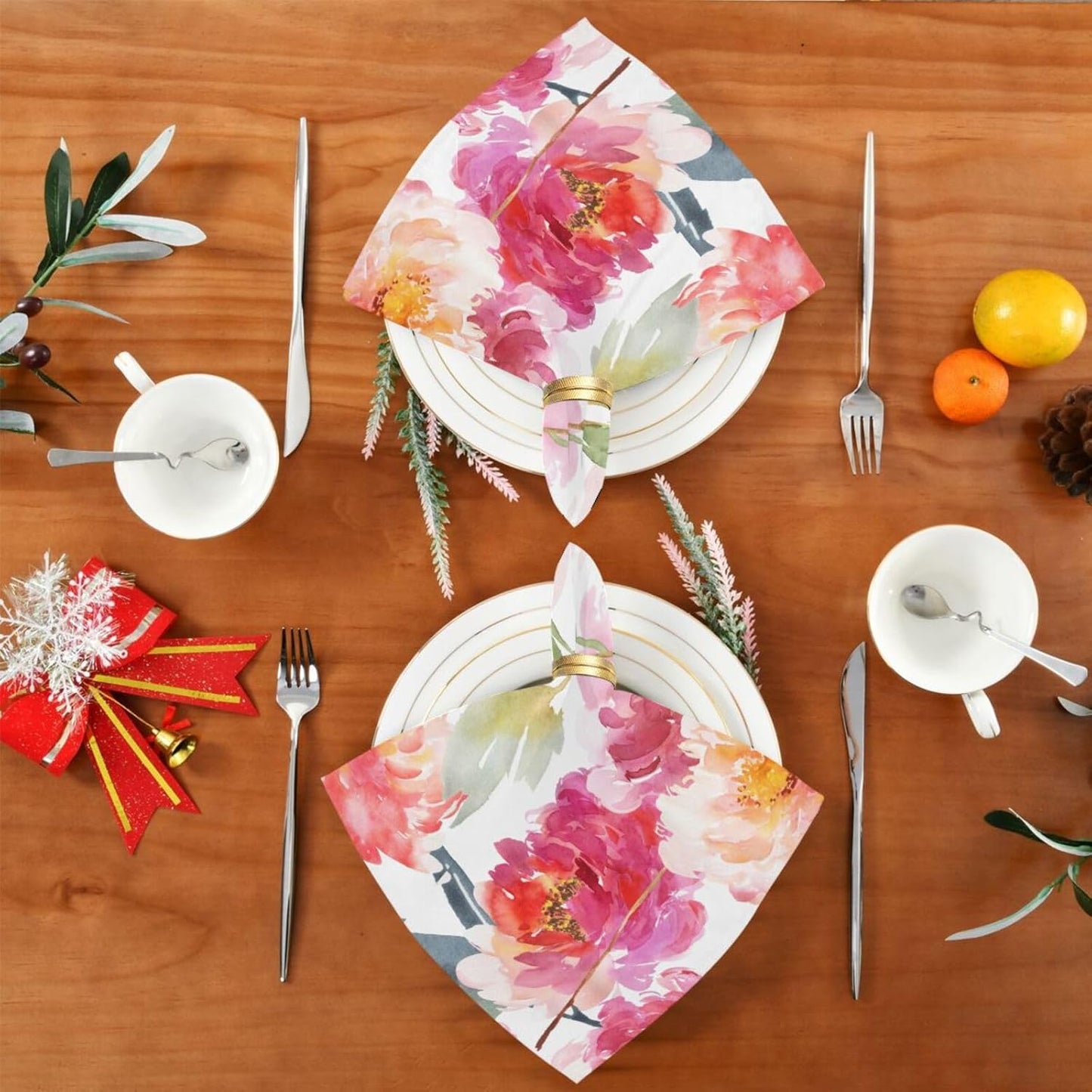 Pink Floral Cloth Napkins 20 X 20 Inch, Table Dinner Washable Napkins Set Polyester for Party Dinner Decoration,Set of 6