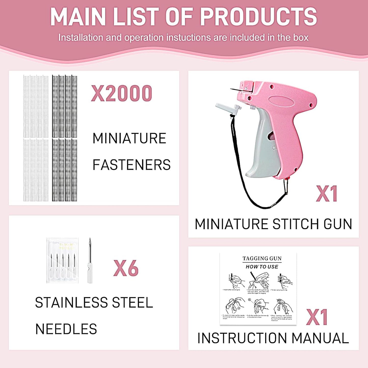 2026 New Stitch Gun for Clothes, Handheld Quick Clothing Fixer Sewing Kit with 1000 Black & 1000 White Fasteners, 6 Replacement Needles, Pink
