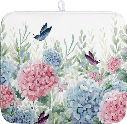 Spring Flowers Dish Drying Mat for Kitchen Counter Blue Pink Hydrangea Floral Drying Mats Absorbent Reversible Microfiber Dish Draining Mat Reusable Washable Dishes Pad Medium 16"x18"