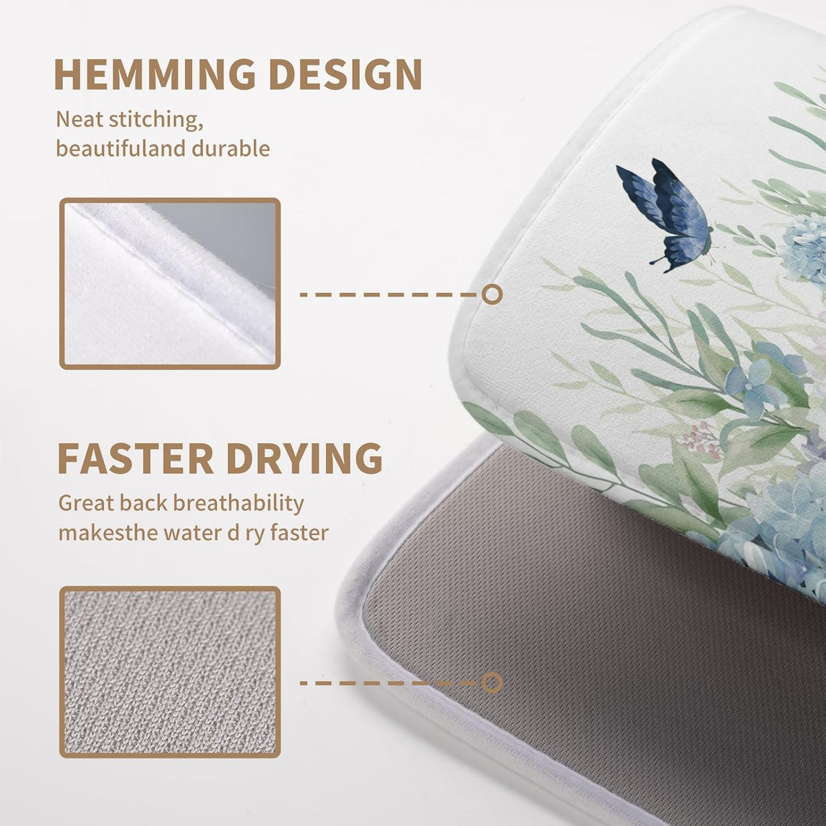 Spring Flowers Dish Drying Mat for Kitchen Counter Blue Pink Hydrangea Floral Drying Mats Absorbent Reversible Microfiber Dish Draining Mat Reusable Washable Dishes Pad Medium 16"x18"