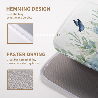 Spring Flowers Dish Drying Mat for Kitchen Counter Blue Pink Hydrangea Floral Drying Mats Absorbent Reversible Microfiber Dish Draining Mat Reusable Washable Dishes Pad Medium 16"x18"