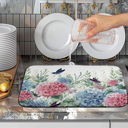 Spring Flowers Dish Drying Mat for Kitchen Counter Blue Pink Hydrangea Floral Drying Mats Absorbent Reversible Microfiber Dish Draining Mat Reusable Washable Dishes Pad Medium 16"x18"