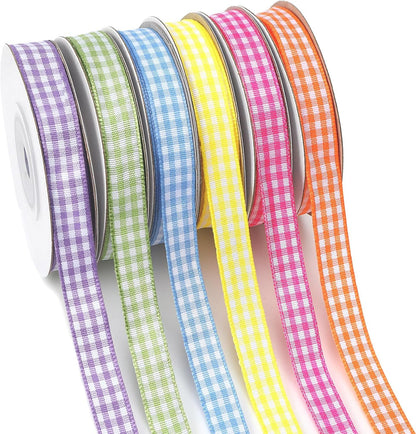 Gingham Ribbon 6 Rolls 60 Yards Spring Plaid Ribbon for Gift Crafts