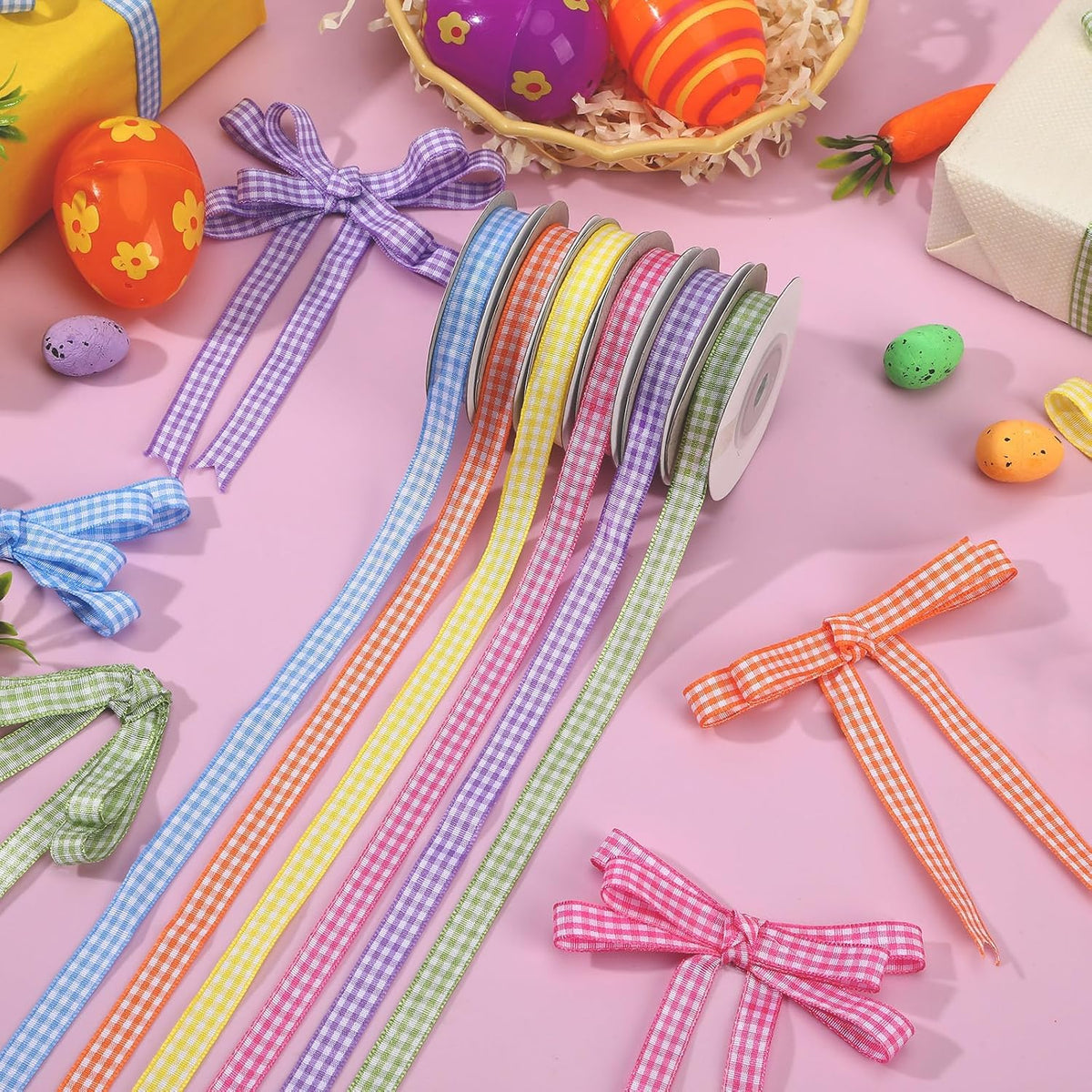Gingham Ribbon 6 Rolls 60 Yards Spring Plaid Ribbon for Gift Crafts