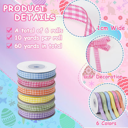 Gingham Ribbon 6 Rolls 60 Yards Spring Plaid Ribbon for Gift Crafts