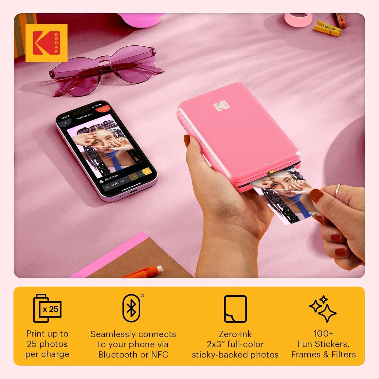 KODAK Step Instant Smartphone Photo Printer, Portable Mini Color Wireless Mobile Printer, Zink 2x3” (5.1x7.5 cm) Sticky-Back Photos Pink (Renewed)