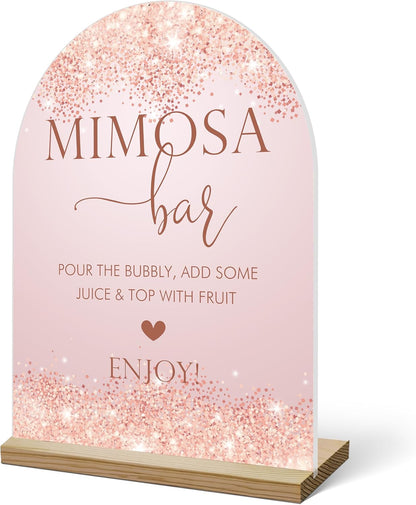 Mimosa Bar Sign For Table, Pink Sparkle Acrylic Mimosa Bar With Base Supplies For Baby Shower Bridal Shower, Decorations For Wedding Bachelorette Engagement Party, Welcome Sign Stand For Party -14
