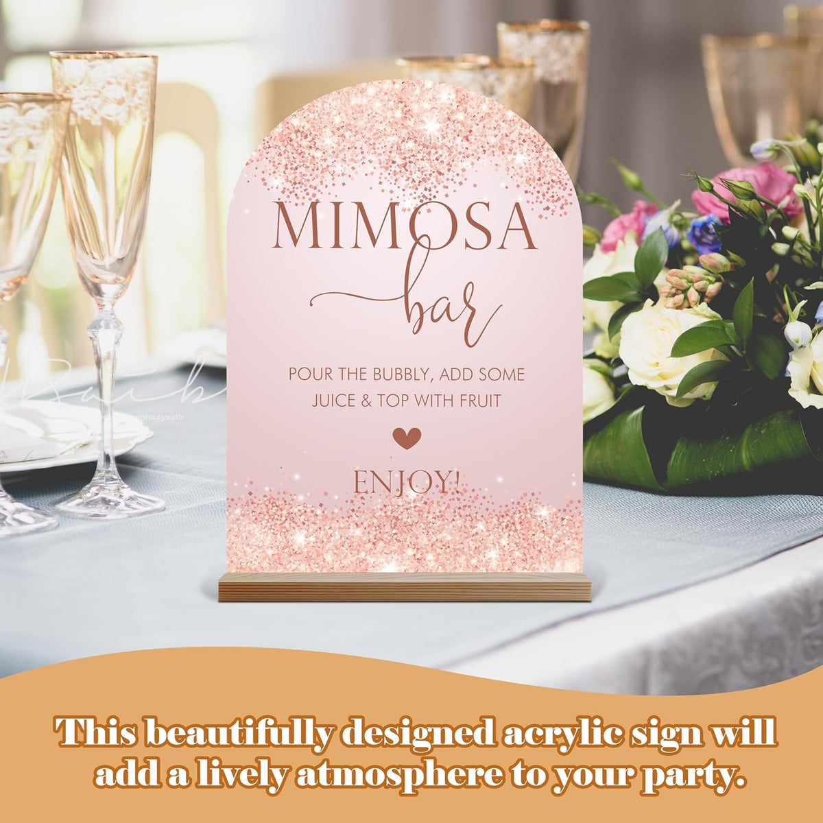 Mimosa Bar Sign For Table, Pink Sparkle Acrylic Mimosa Bar With Base Supplies For Baby Shower Bridal Shower, Decorations For Wedding Bachelorette Engagement Party, Welcome Sign Stand For Party -14
