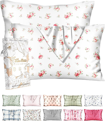 2pcs Silk Pillowcase with Hidden Zipper, Pink Rose