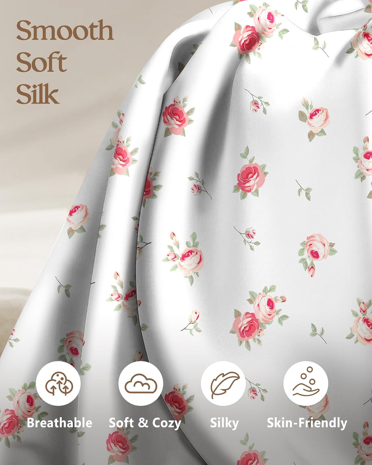 2pcs Silk Pillowcase with Hidden Zipper, Pink Rose