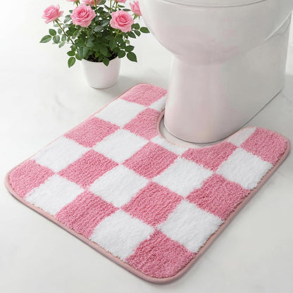 Pink Checkered Toilet Rug U Shaped Bath Mat 20" x 20" Non-Slip