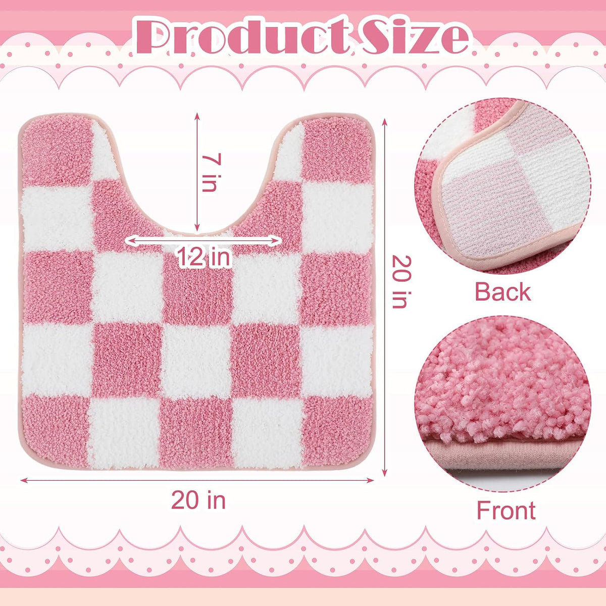 Pink Checkered Toilet Rug U Shaped Bath Mat 20" x 20" Non-Slip