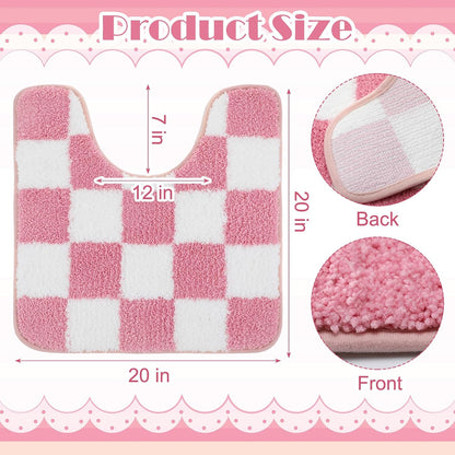 Pink Checkered Toilet Rug U Shaped Bath Mat 20" x 20" Non-Slip