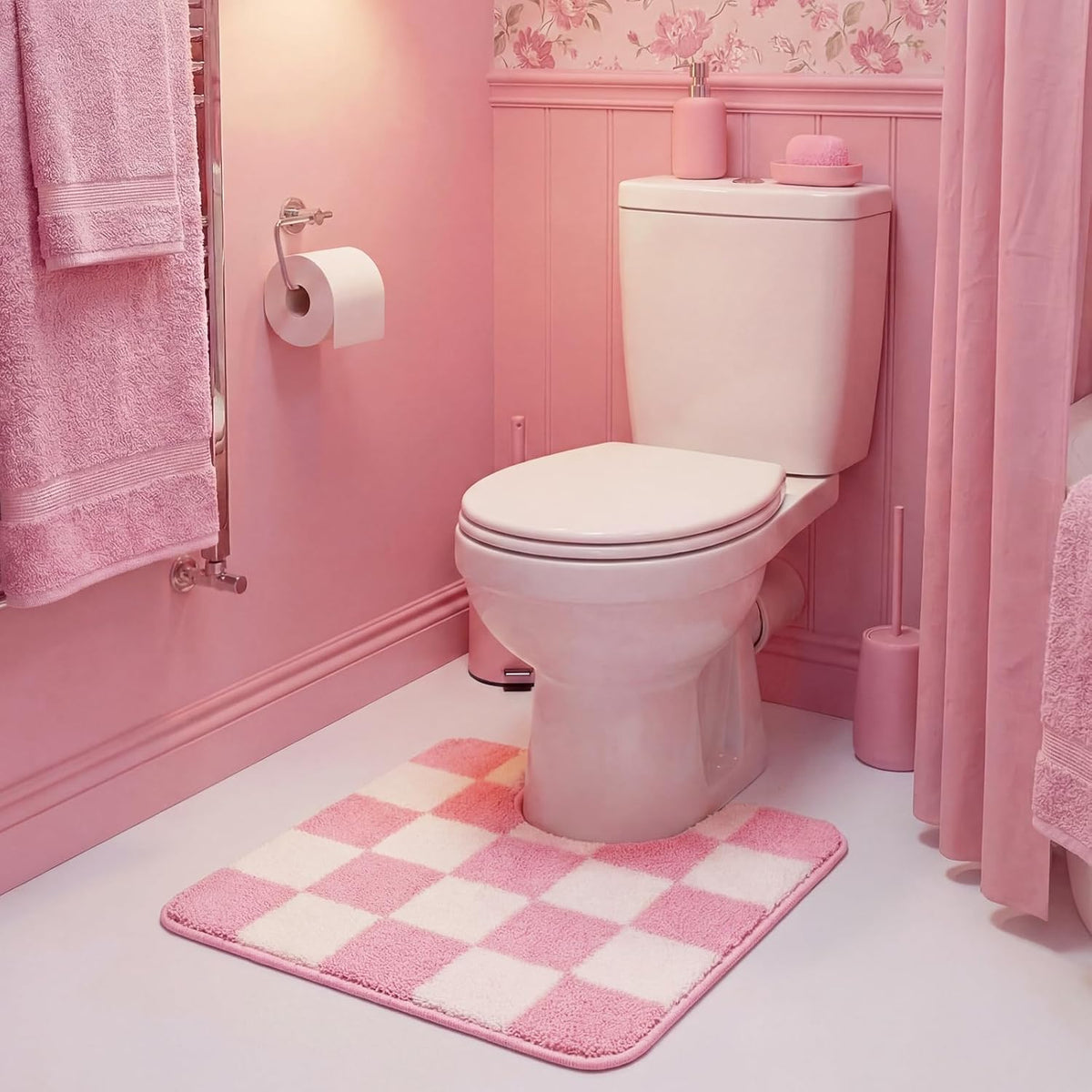 Pink Checkered Toilet Rug U Shaped Bath Mat 20" x 20" Non-Slip