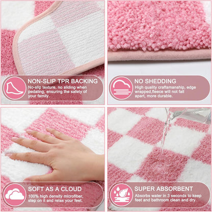 Pink Checkered Toilet Rug U Shaped Bath Mat 20" x 20" Non-Slip